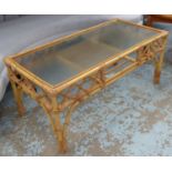 BAMBOO LOW TABLE, 1970's Italian style, with glass top, 108cm x 53cm x 47cm.
