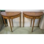 GAMES TABLES, a pair, Dutch style marquetry with demi lune foldover and chessboard inlaid tops, 76cm