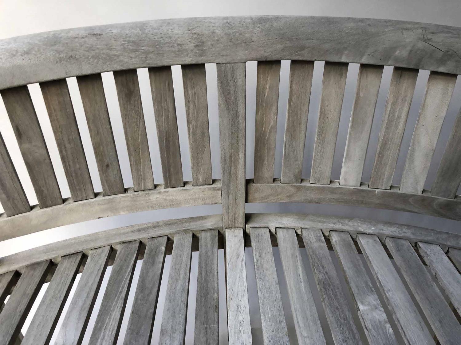 GARDEN BENCH, banana design, silvery weathered teak of bowed form and slatted construction, 160cm W. - Image 2 of 4