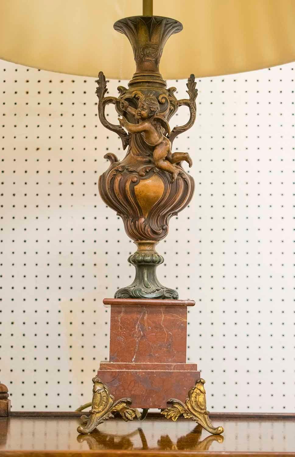 TABLE LAMPS, a pair, circa 1890, French patinated and gilt metal in the form of urns with cherub - Image 4 of 4