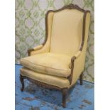 BERGERE, Louis XV style in yellow fabric with cushion seat, 121cm H x 74cm. (with faults)