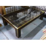 COCKTAIL TABLE, vintage 1970's, smoked glass with brass accents, 141cm x 81cm x 36cm. (slight