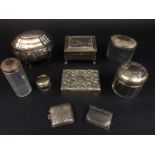 SILVER BOXES AND VESTA CASES, including a powder jar with Rococo Revival Silver Ltd stamped Robert