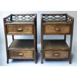 ETAGERES/LAMP TABLES, a pair, woven rattan each with drawer, undertier and glass top by Anne