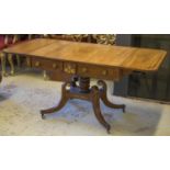 SOFA TABLE, Regency mahogany with inlaid detail, two opposing real and dummy drawers with gilt metal