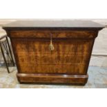 COMMODE, 19th century French Louis Philippe flame mahogany with marble top above four long