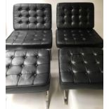 BARCELONA STYLE CHAIRS AND STOOLS, after Mies Van Der Rohe, a pair, buttoned black leather and x