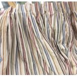 CURTAINS, three pairs, multi coloured striped fabric one pair 55cm x 145cm drop, the other two pairs