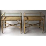 LAMP TABLES, a pair, 1950's rectangular rattan, wicker and cane each with silvered corners ,
