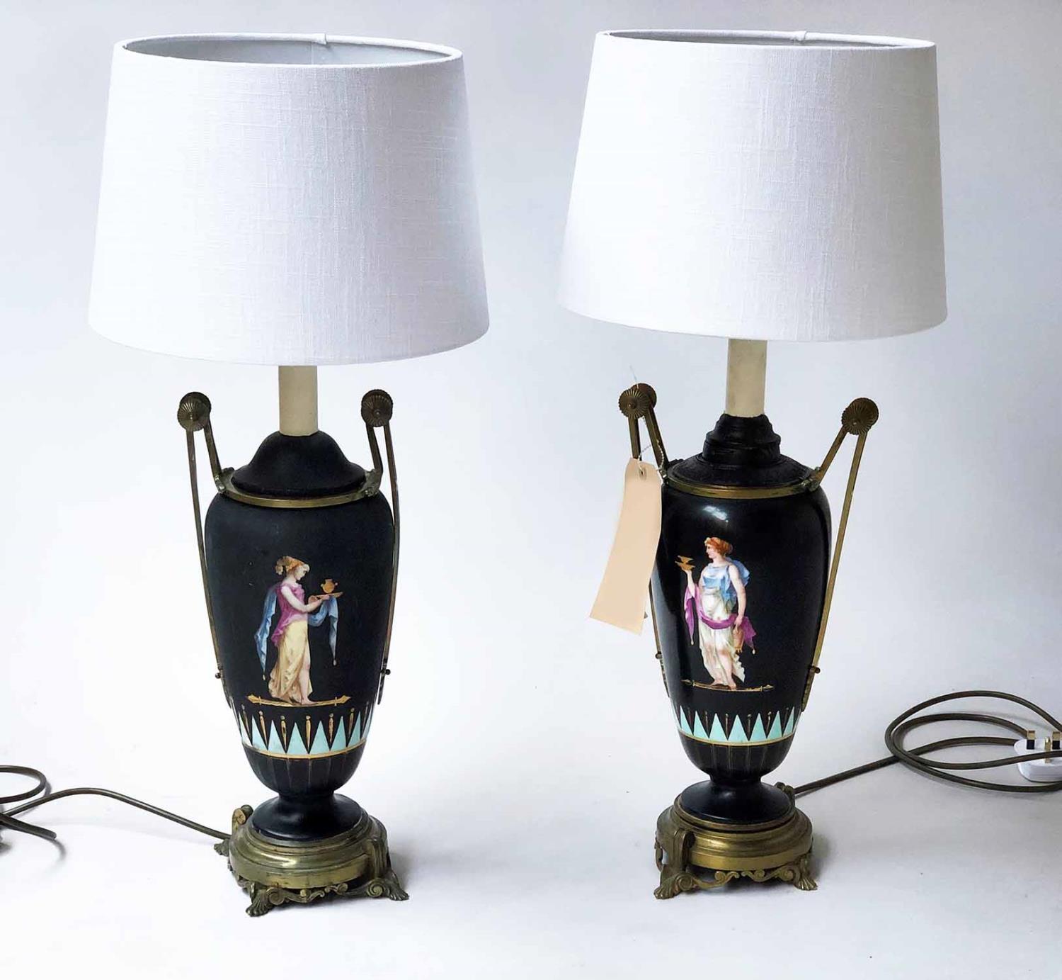 TABLE LAMPS, a pair, Greek Neo Classical style ceramic and gilt metal mounted, 64cm H. (2)