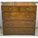 CAMPAIGN CHEST, Victorian teak and brass bound in two parts with five drawers, 96cm H x 99cm W x