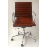 REVOLVING DESK CHAIR, Charles and Ray Eames inspired ribbed hand dyed leaf brown leather revolving