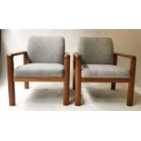 ARMCHAIRS, a pair, 1970's teak re-upholstered in grey herringbone weave cotton, 67cm W. (2)