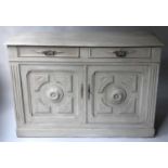 SIDE CABINET, 19th century French of shallow proportions and traditionally grey painted with two