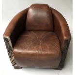 AVIATOR ARMCHAIR, Timothy Oulton style tanned leather of tapering form with pony skin side panels,