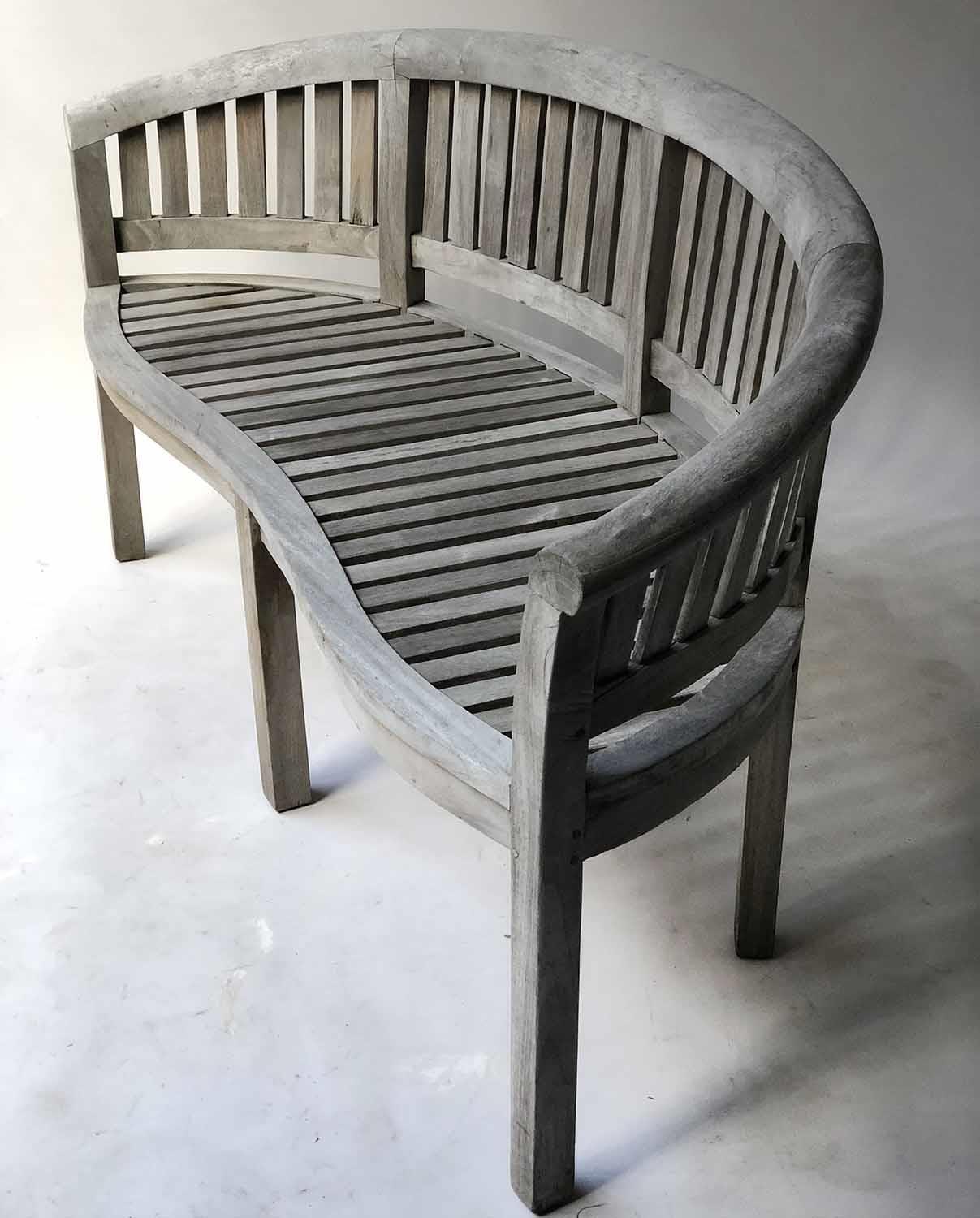 GARDEN BENCH, banana design, silvery weathered teak of bowed form and slatted construction, 160cm W. - Image 4 of 4