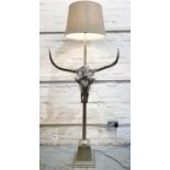 BUFFALO SKULL FLOOR LAMP, silvered metal with shade, 171cm H.