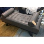 END BENCH, grey buttoned leather with two fixed bolster cushions, 150cm L x 60cm D x 63cm H.