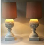 CASA PUPA PINEAPPLE LAMPS, a pair, large 1970's white ceramic pineapple on column with shades, 112cm