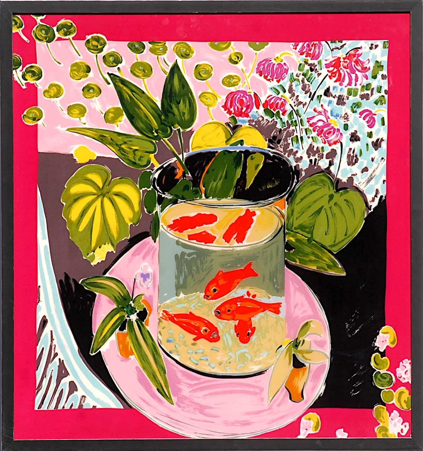 HENRI MATISSE 'Goldfishes', silk, 80cm x 75cm, framed and glazed.