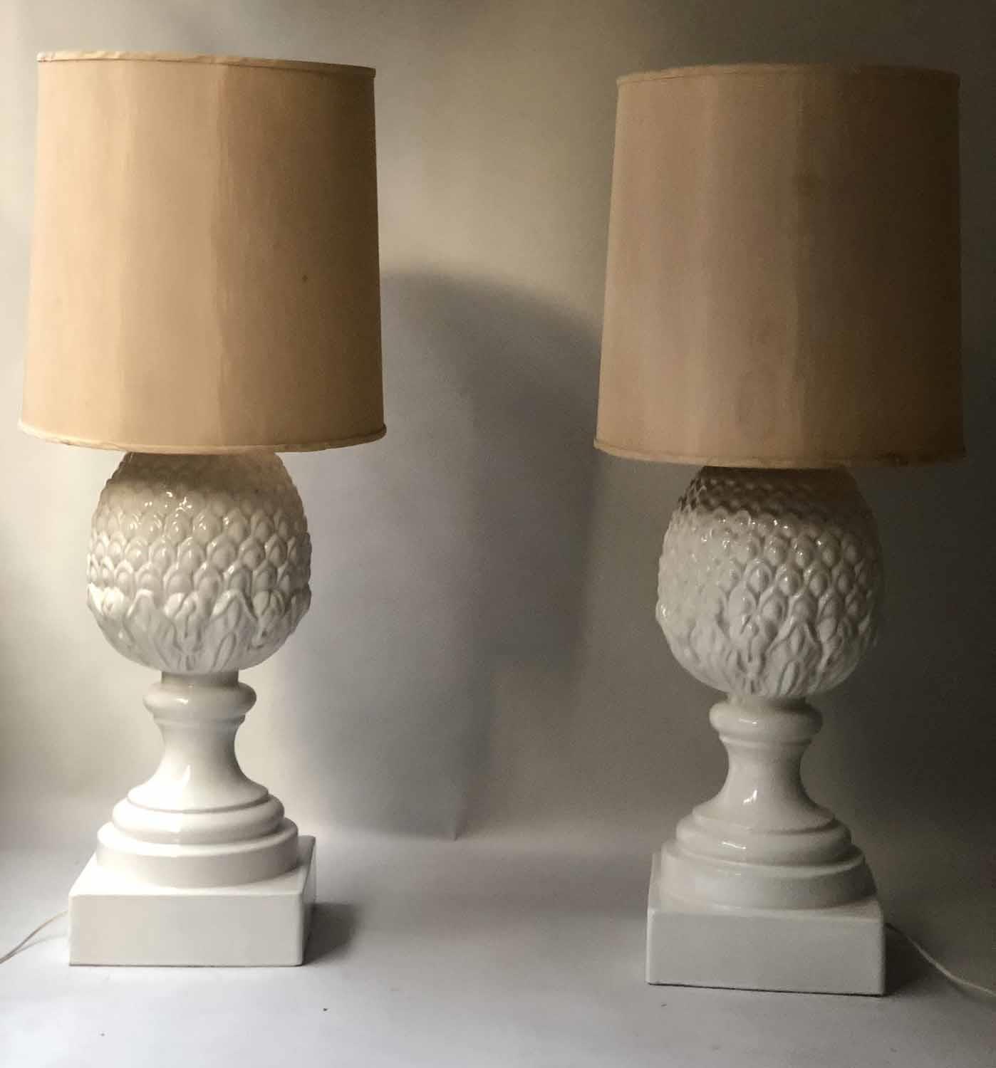 CASA PUPA PINEAPPLE LAMPS, a pair, large 1970's white ceramic pineapple on column with shades, 112cm - Image 2 of 4