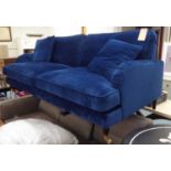 SOFA, Howard style, in midnight ink blue velvet upholstery with two scatter cushions on turned