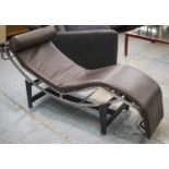 AFTER LE CORBUSIER, JEANNERET AND PERRIAND LC4 STYLE CHAISE LONGUE, brown leather and chrome on