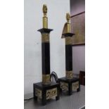 TABLE LAMPS, a pair, vintage 20th century ebonised with brass, 63cm H. (2) (slight faults)