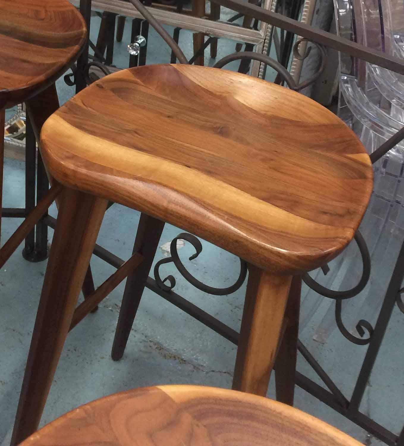 BARSTOOLS, a set of three, hardwood, shaped polished seats, 73cm H. (3) - Image 2 of 2