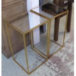 SIDE TABLES, a pair, 1960's French style gilt metal with square mirrored tops, 66cm H x 36cm W. (2)