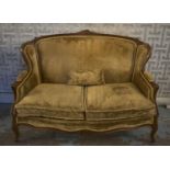 CANAPÉ, Louis XV style walnut having seat cushions in gold velvet, 140cm W.