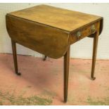 PEMBROKE TABLE, George III mahogany and inlaid with hinged top, single drawer and castors, 73cm H