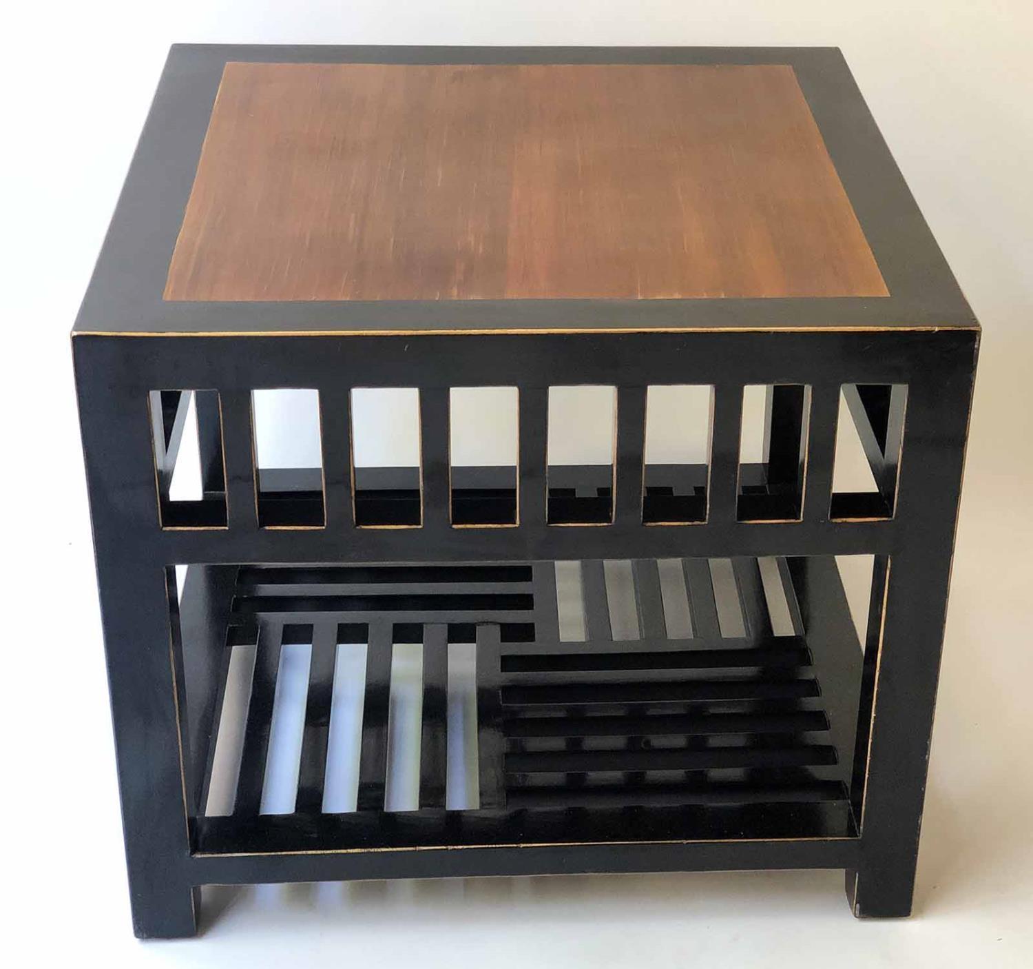 SIDE TABLE, Lombok style square black lacquered with undertier and lattice support, 69cm x 69cm x