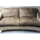 SOFA, concave oyster velvet upholstered with two feather filled back and seat cushions and turned