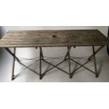 GARDEN OR POTTING TABLE, rectangular weathered teak finely slated with X folding frame, 180cm x 70cm