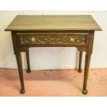 SIDE TABLE, George II oak with carved frieze drawer, 72cm H x 83cm x 48cm. (with faults)