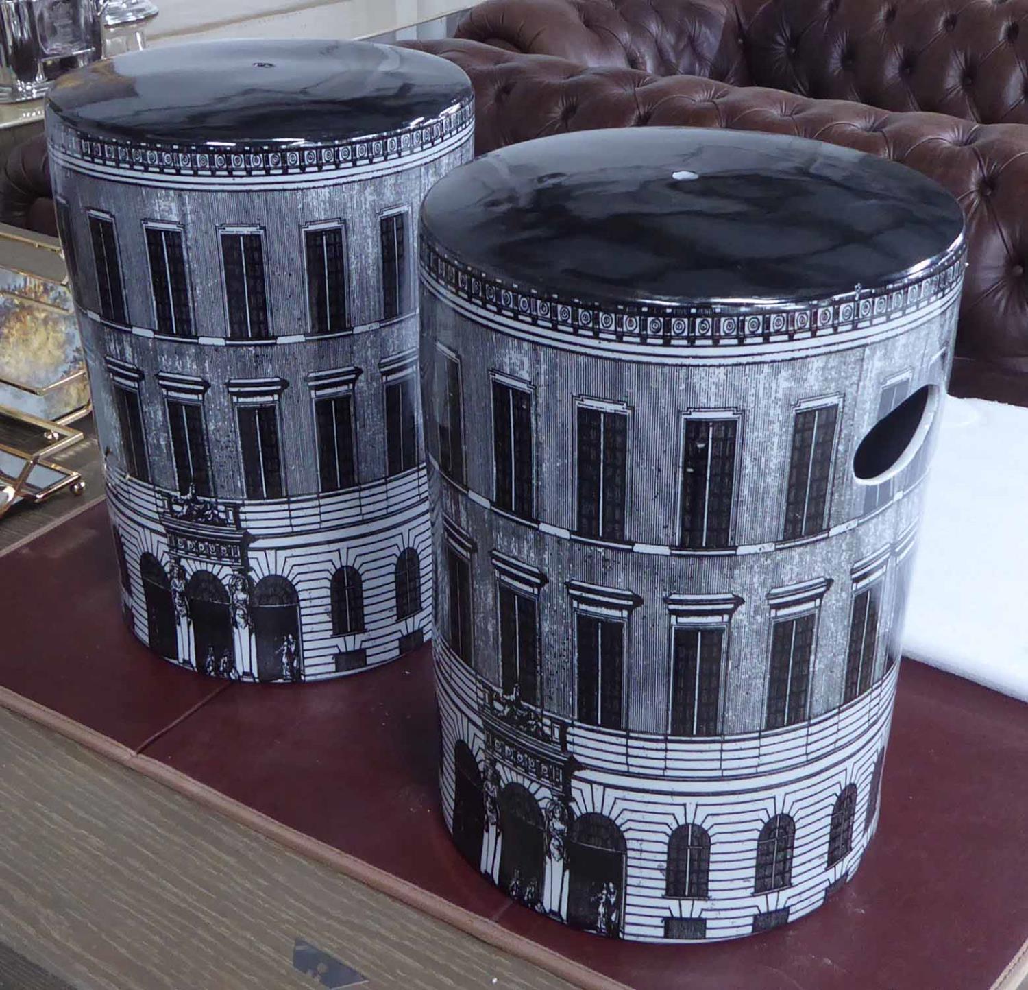 BARREL STOOLS, 1950s Italian style, a pair, 44cm x 30.5ccm diam. approx.