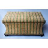 VICTORIAN OTTOMAN, rectangular in woven green stripe with rising lid, concave sides, mahogany
