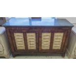 SIDE CABINET, Regency mahogany with a pair of brass grille and pleated silk lined doors and