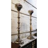 PILLAR CANDLE STICKS, a pair, Germanic ecclesiastical style, pricket supports, 82cm H. (2)