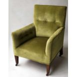 EDWARDIAN SLIPPER ARMCHAIR, leaf green velvet with button upholstered back and square tapering