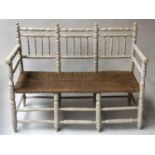BENCH, mid 19th century English grey painted with reeded turned back, supports and rush seat,