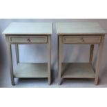 LAMP/SIDE TABLES, a pair, French grey painted each with full width frieze drawer and undertier, 60cm