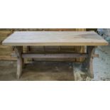 TRESTLE TABLE, substantial vintage pine with thick planked top and X trestle supports, 181cm x