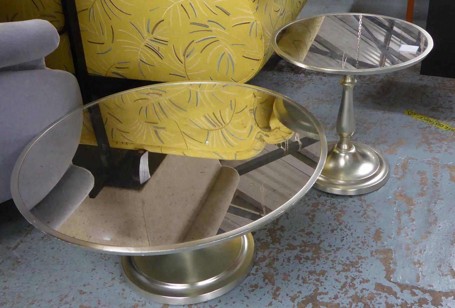 LOW TABLES, a set of two, mirrored and circular, 80cm x 39cm H and a lamp table to match, 50cm x