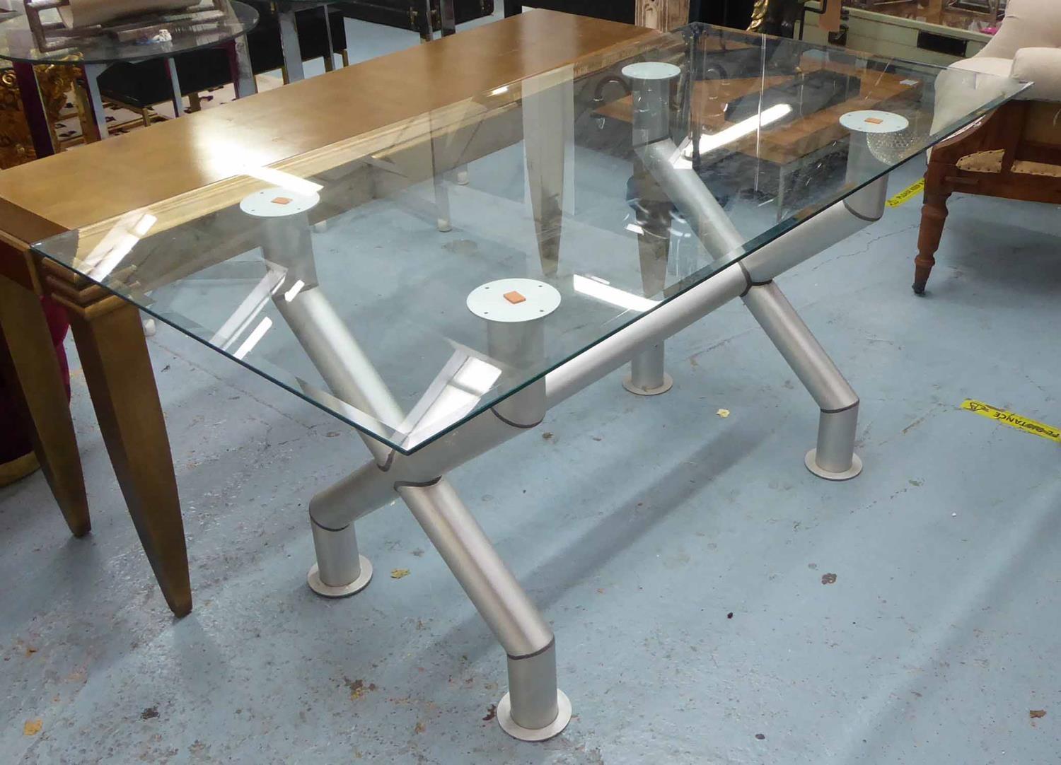 TABLE, Industrial style, the glass top on tubular metal supports, 160cm L x 80cm D x 77cm H.