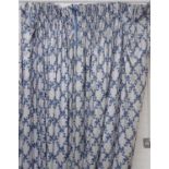 CURTAINS, a pair, lined and interlined in a blue oak leaf lattice design, each 118cm W gathered x