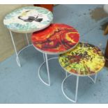 NEST OF TABLES, two sets of three, tropical print tops, 46cm x 42cm diam. (6) (slight faults)