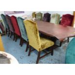 DINING CHAIRS, a set of ten, in five differing colours of shimmering crushed velvet upholstery on