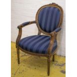 FAUTEUIL, Louis XVI style beechwood with oval back in striped blue material, 64cm W.